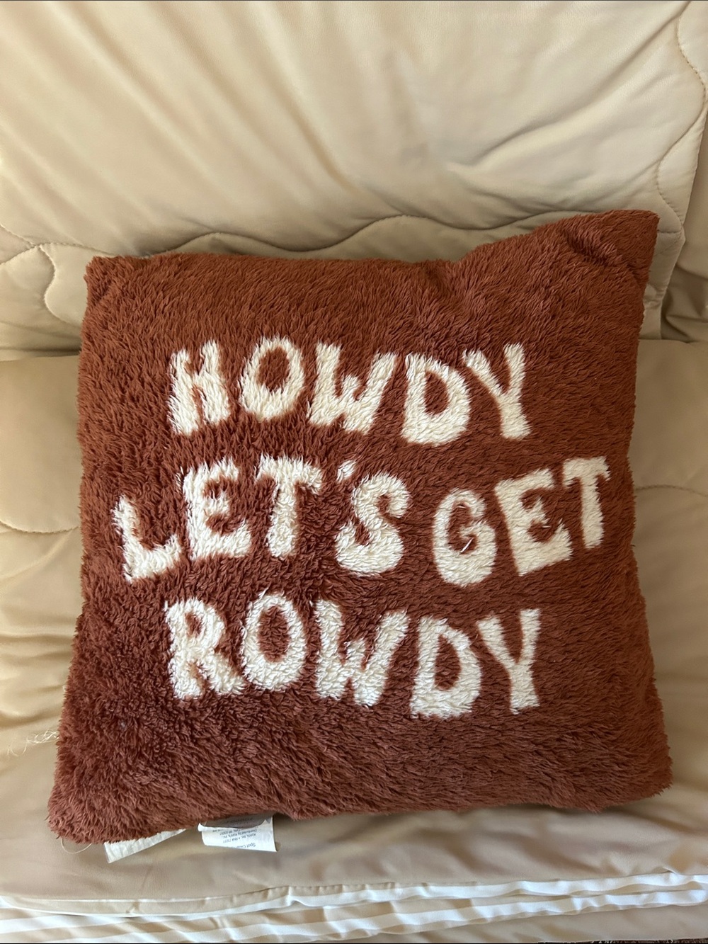 The Big One Rust Plush Pillow with White Lettering - Howdy Let's Get Rowdy